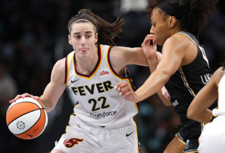 Photo of Indiana Fever guard Caitlin Clark and New York Liberty forward Betnijah Laney-Hamilton during a WNBA basketball game, Saturday, May 18.